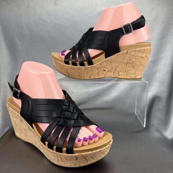 Kork-Ease Adelanto Wedge Sandals Women’s 8 Platform Slingback Black Leather Y2K - Picture 1 of 16